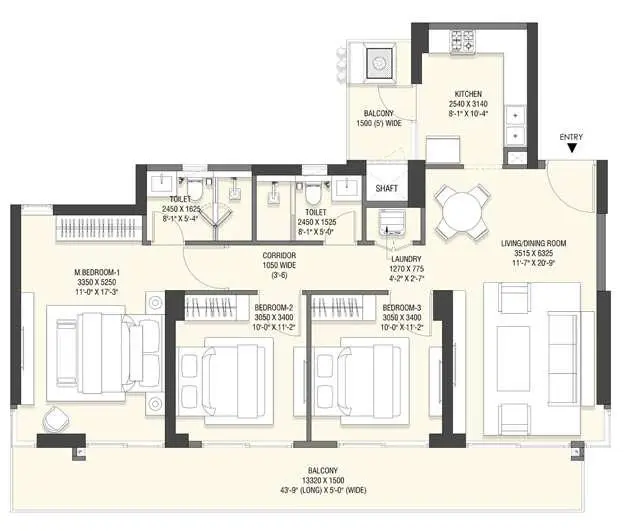 3BHK + Utility Floor Plan Of Emaar Serenity Hills2