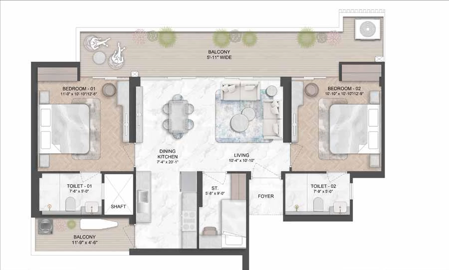 2BHK + Utility Space Type A Floor Plan Of Smartworld Nature's Court Manesar2