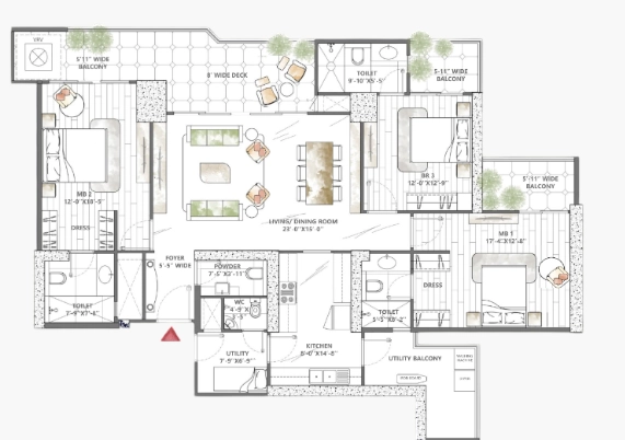 3BHK + Utility Floor Plan Of Smart World Sky Arc1