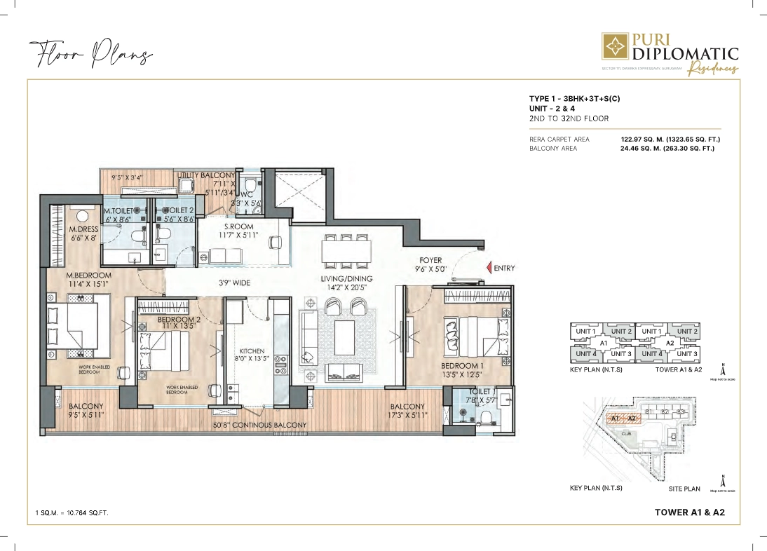 3BHK Floor Plan Of Puri Diplomatic Residences1