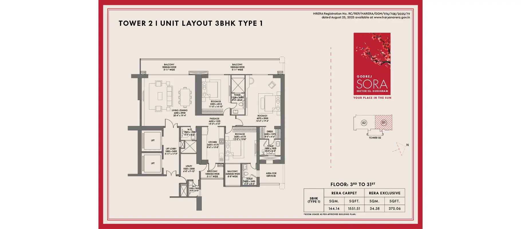 3 BHK Floor Plan Of Godrej Sora1