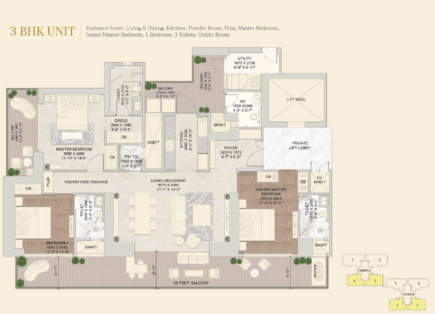3 BHK Floor Plan Of Signature Global Twin Tower DXP1