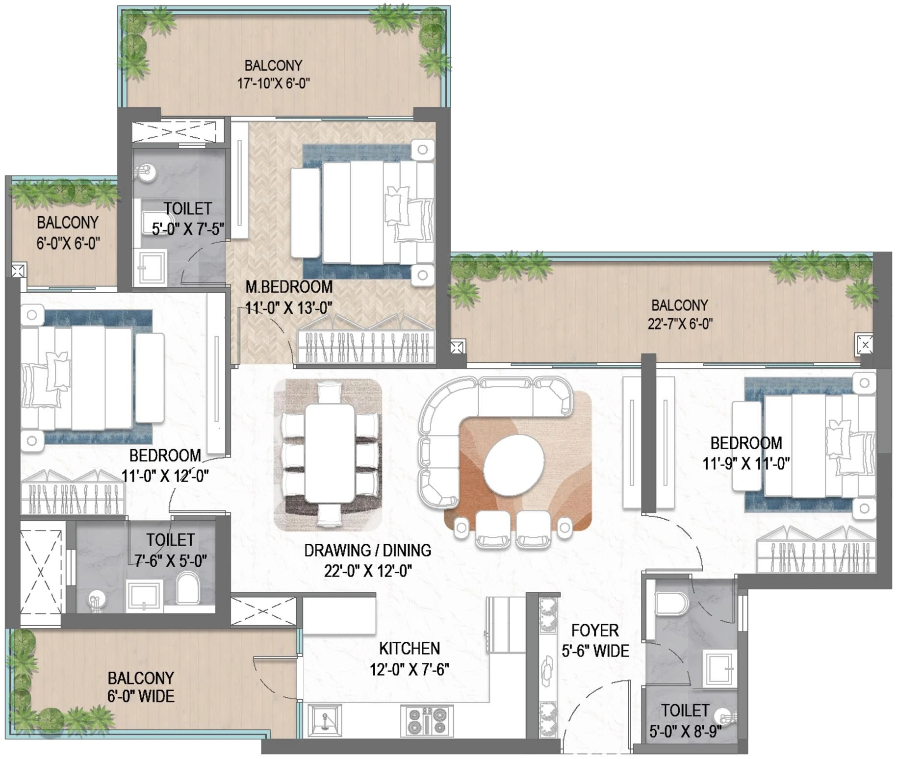 3 BHK + Utility Floor Plan of M3M Forestia East Manesar2