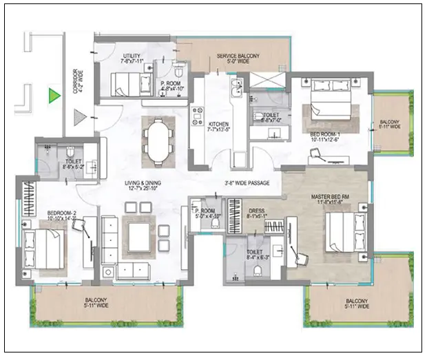 3 BHK Typical Floor Plan of M3M Opus2